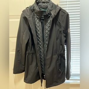 Lauren Ralph Lauren Womens Full Zip Hooded Overcoat Size XL Black Outdoors Luxe